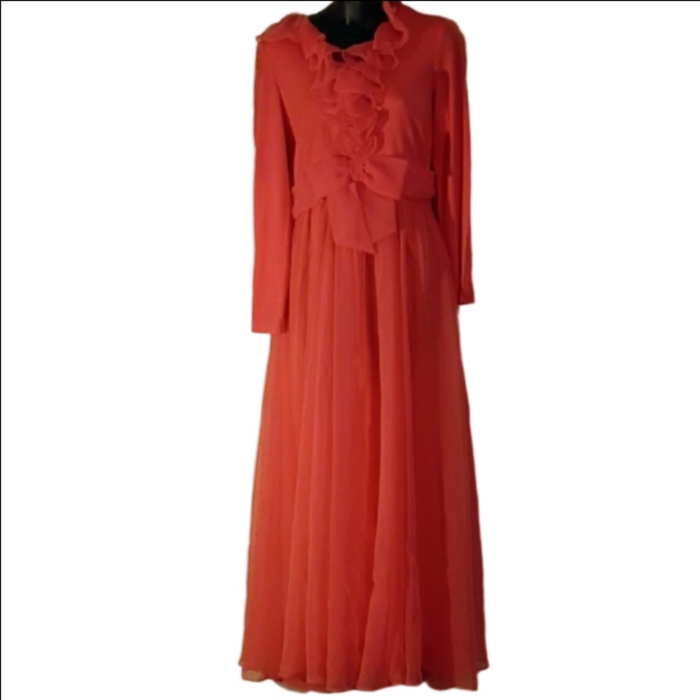 Miss Elliette Vibrant Coral Flowy Maxi Dress with Bow. See Measurements. Prom?